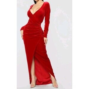 Vintage Day & Night Maxi Velvet Dress Sz XL Red Ruched Plunge Christmas Party